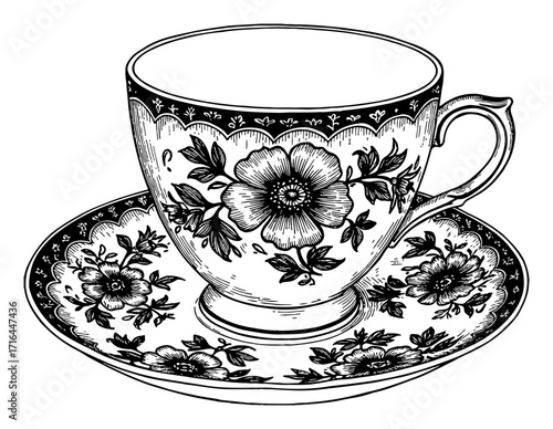 Antique Porcelain Tea Cup and Saucer with Floral Motives Black and White Outline Line Art Drawing