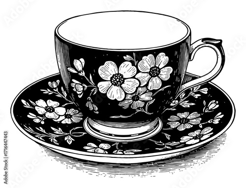 Antique Porcelain Tea Cup and Saucer with Minimalist Floral Motives Black and White Outline Line Art Drawing