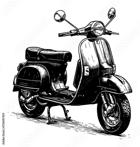Classic Vespa Scooter Vintage Side Angle View Black and White Outline Line Art Drawing Old Fashioned Transport Vehicle