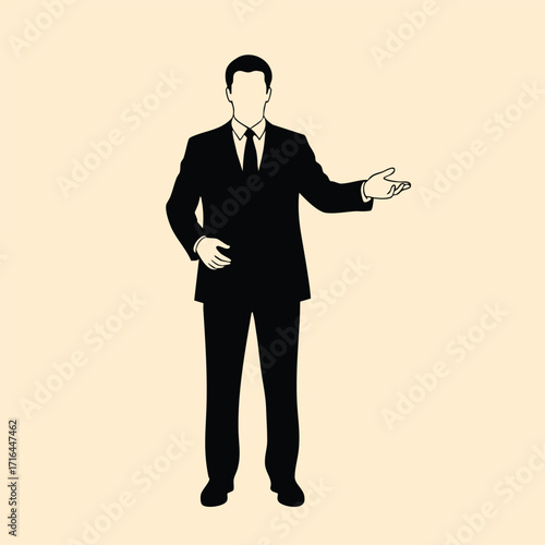 Silhouette of a faceless man in a suit making a presenting gesture on a plain light background