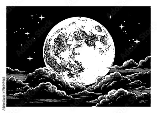 Big Full Moon in the Night Sky with Clouds and Stars Black and White Outline Line Art Drawing