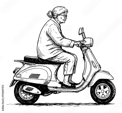 Grandma Riding Classic Vespa Scooter Side View Black and White Outline Line Art Drawing Illustration