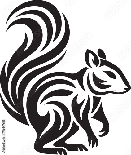 Squirrel silhouette with bushy tail on white background, Woodland animal black vector design