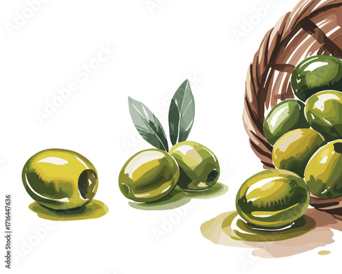 Freshly Picked Green Olives Spill Out Of A Rustic Woven Basket
