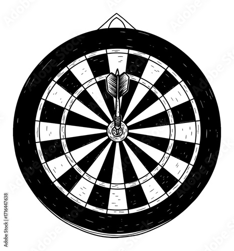 Precise Single Dart Hitting Center Dartboard Front View Goal in Black and White Outline Line Art Drawing
