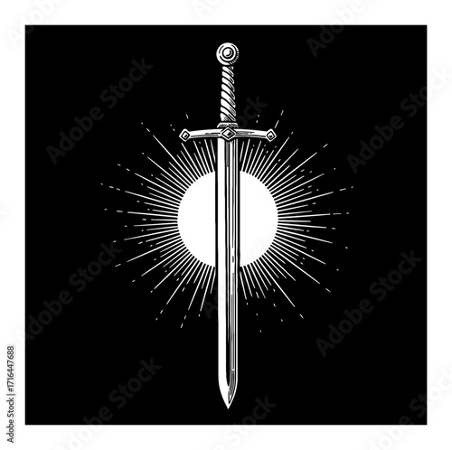 Detailed Long Excalibur Sword with Sun Ray Shining Effect Black and White Outline Line Art Drawing