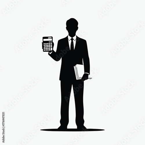 Silhouette of a businessman holding a calculator in one hand and documents in the other on a plain background