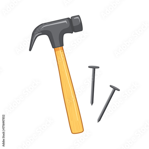 Claw hammer with a wooden handle and two metal nails for carpentry and construction