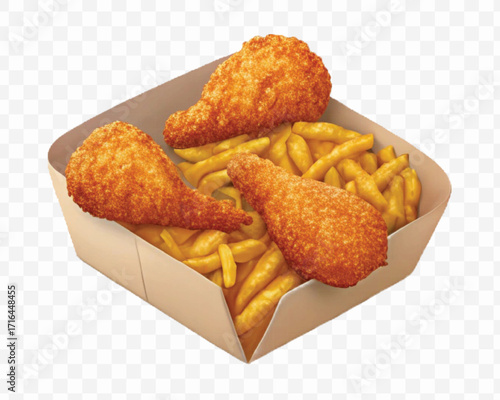realistic 3d delicious fast food icons (fried chicken,  pizza slice , french fries ) set isolated on transparent background