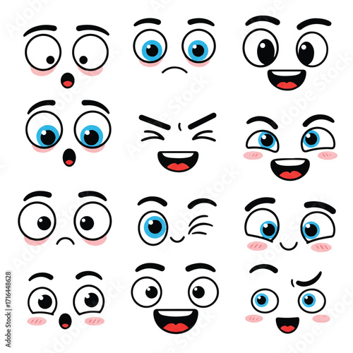 Happy cartoon eyes with funny expressions are depicted in a vibrant 2D flat vector illustration on a clean white background, conveying joy and cheerfulness.