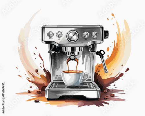 Charming watercolor vector illustration of a modern espresso machine brewing fresh coffee into a cup with stylish splashes