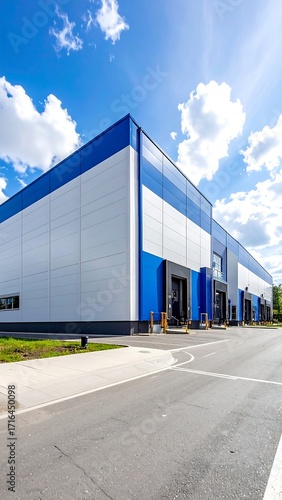 Modern warehouse complex under a clear sky