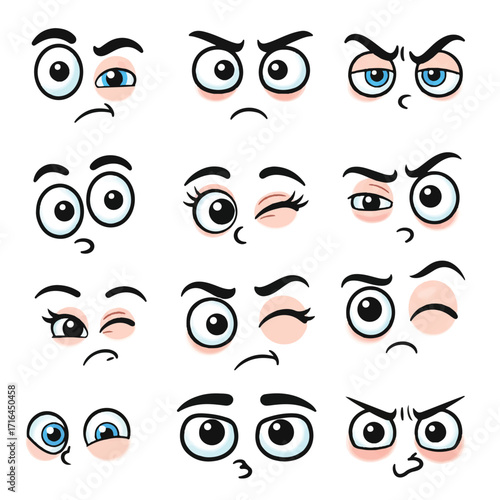 Funny cartoon eyes with playful wink expressions are vividly showcased in a flat 2D vector illustration, isolated against a clean white background, conveying a humorous and expressive mood.