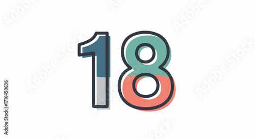 Modern and stylish illustration of the number 18, featuring a bold outline and a vibrant split-color design. Isolated graphic element for anniversaries, birthdays, or creative projects