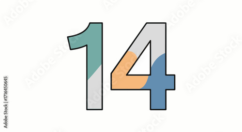 Modern numeral 14 logo design with abstract colorful shapes inside. Stylized number fourteen vector icon for anniversary or calendar design, isolated on white