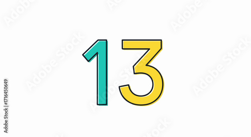 Clean, modern graphic design showcasing the number thirteen with a teal outline and yellow fill on a white background, perfect for contemporary digital and print media