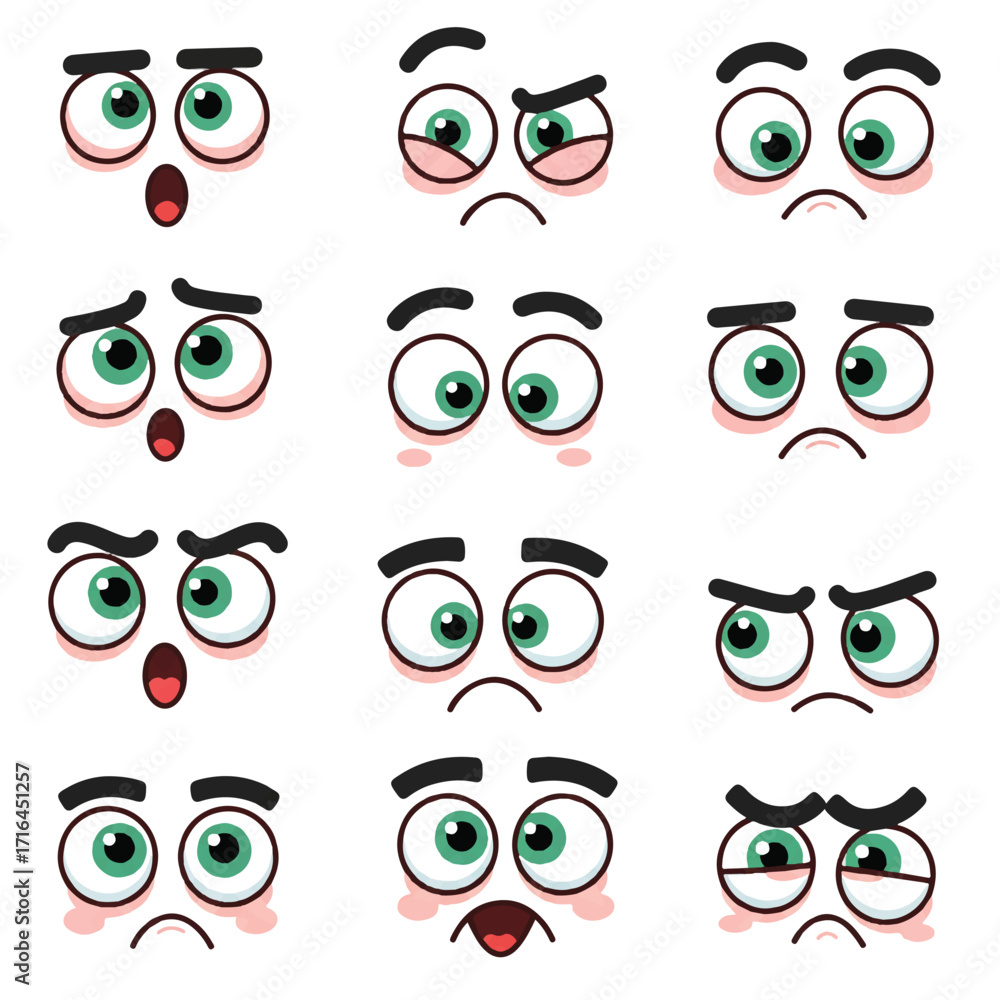 Fototapeta premium Funny cartoon eyes with rolling expressions are depicted in a vibrant flat 2D vector illustration, isolated on a plain white background, conveying humor and playfulness.