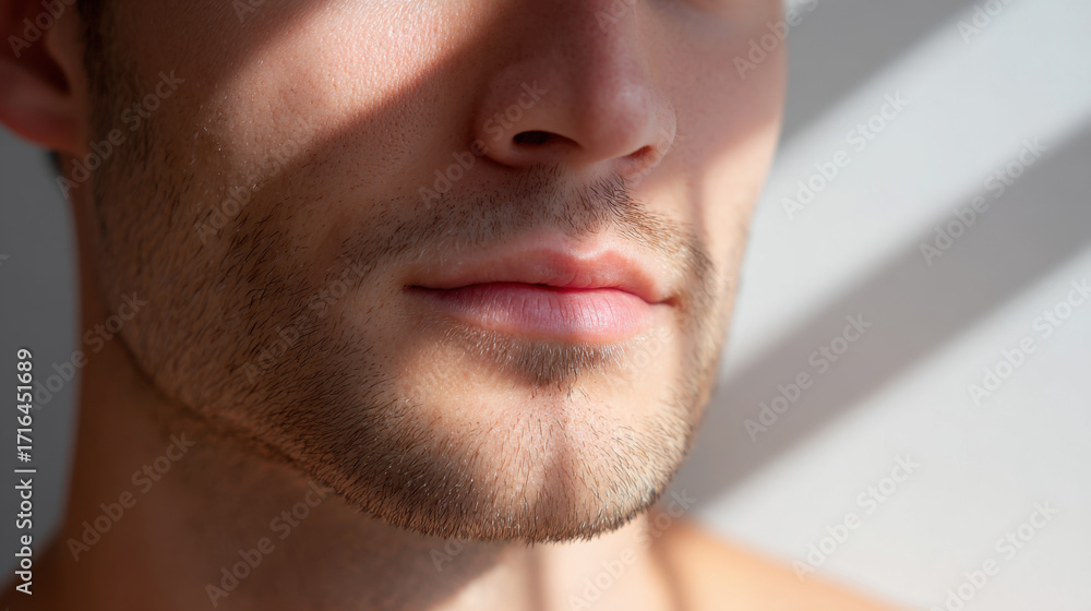 Obraz premium Close up of calm male face with natural sunlight casting dramatic diagonal shadow across man skin. minimalist and serene portrait showing handsome features