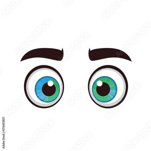 A vibrant flat 2D vector illustration portrays funny cartoon eyes with a wide-eyed scared look, isolated on a clean white background, conveying surprise and apprehension.