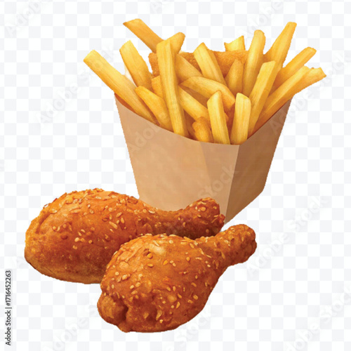 realistic 3d delicious fast food icons (fried chicken,  pizza slice , french fries ) set isolated on transparent background