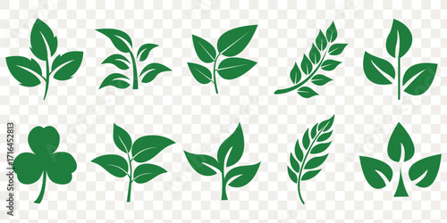Leaf sprout icon vector set, green leaves plant eco logo symbol simple graphic illustration set, vegan fresh herb pictogram shape sign, organic natural healthy logotype image clip art. eps 10