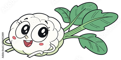 Happy cartoon cauliflower character smiling cheerfully ready for healthy eating and food fun in a vibrant style