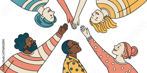 Diverse team reaching for success, celebrating unity and teamwork with hands raised in vibrant illustration