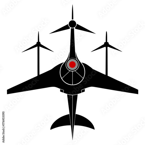 Modern wind powered airplane silhouette soaring against a clean white background