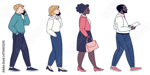 Diverse professionals walking and talking on phones, carrying briefcases, for business and corporate usage