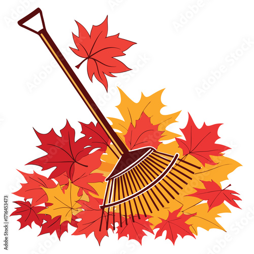 Rake rests atop a bright pile of autumnal leaves with transparent background