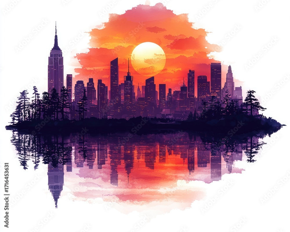 Obraz premium City skyline at sunset reflected in water