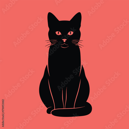 Silhouette of a black cat sitting calmly against a solid coral pink background with visible facial features