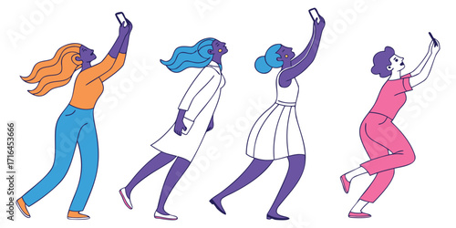 Dynamic illustration of diverse women capturing moments with smartphones in creative, playful poses
