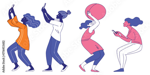 People interacting with technology, using phones and a ball, modern lifestyle illustration, fun, vibrant, communication