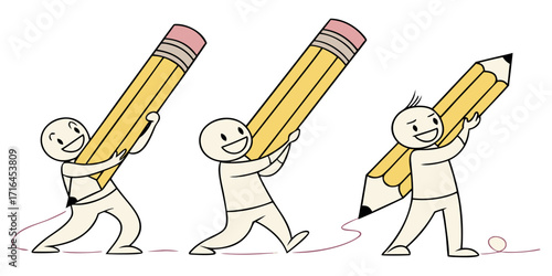 Creative team members working together with giant pencils, illustrating ideas, concepts, and innovation with enthusiasm