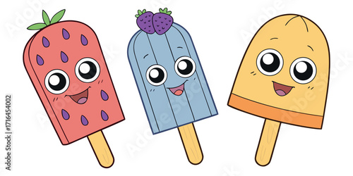 Smiling cartoon popsicles with adorable faces bring sweet joy, perfect for summer treats and fun designs