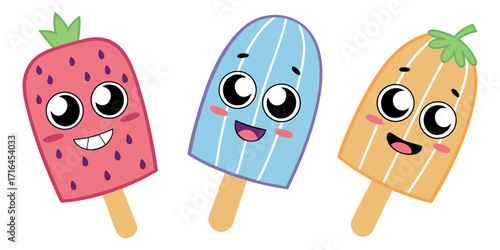 Smiling cartoon popsicles with cute faces represent summer fun and sweet treats for children and families