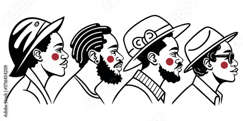 Stylish men in profile with diverse hats and facial hair, vector illustration for fashion or design projects