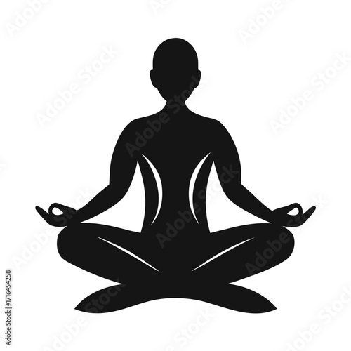 Serene silhouette of a person in yoga meditation pose on a clean white background
