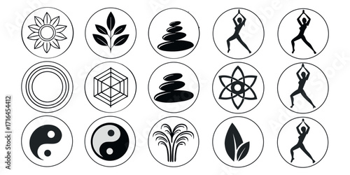Collection of wellness and yoga symbols including balance stones, leaves, lotus, om, and abstract designs.