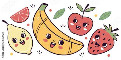 Cheerful cartoon fruit characters smiling happily perfect for healthy eating, kids projects, and joyful designs