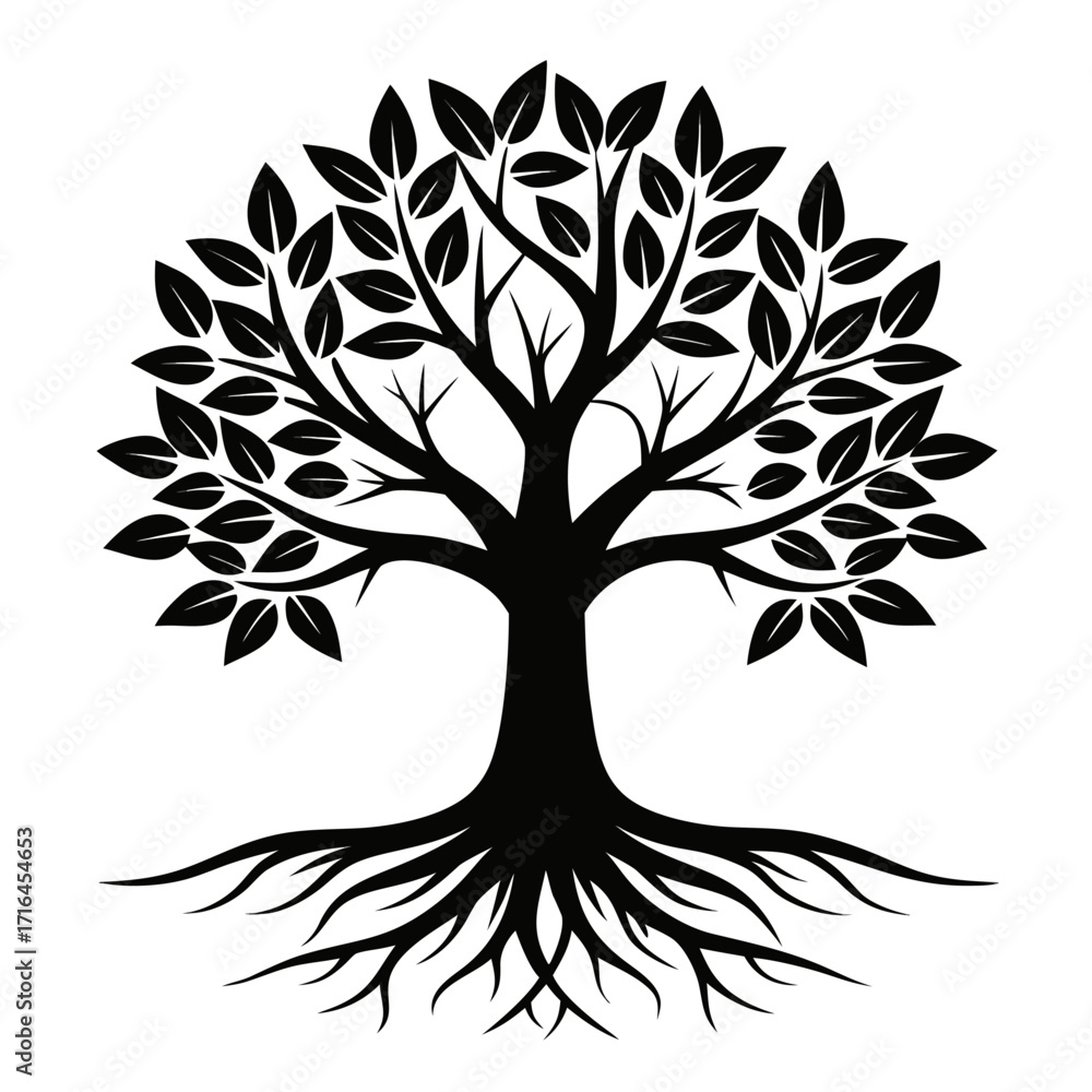 Obraz premium Stylized tree silhouette with visible roots on a clean white background for design projects