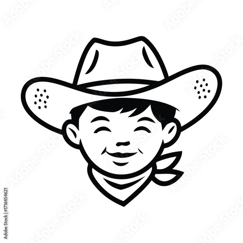 Smiling cowboy boy face, vintage western character illustration