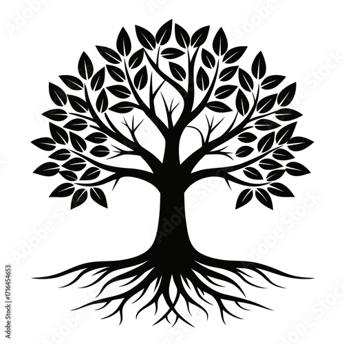 Stylized tree silhouette with visible roots on a clean white background for design projects