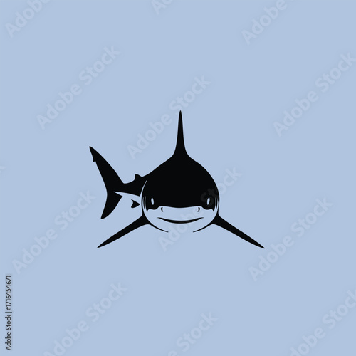 Minimalistic black silhouette of a shark swimming forward on a solid light blue background design
