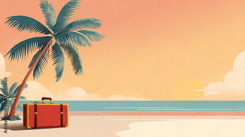 Obraz premium Vintage suitcase on a tropical beach sunset ocean palm trees summer vacation travel