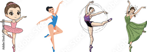 Beautiful ballerina dancers performing ballet, elegant women in costumes, artistic dance illustration, classical performance, graceful movement, professional choreography, stage art