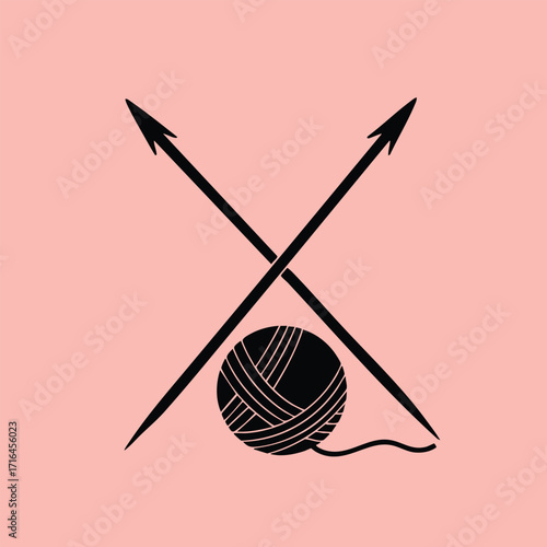 Black silhouette of crossed knitting needles with a ball of yarn on a soft pink background design