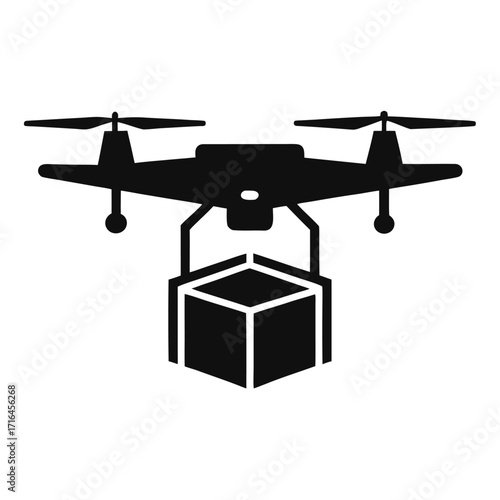 Modern drone delivering a package in a clean silhouette against a white background