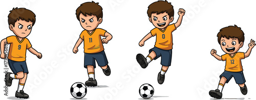 Cartoon boys playing football, children in orange jersey soccer team, kids kicking ball, sport activity illustration, outdoor game, teamwork, fun exercise, healthy lifestyle